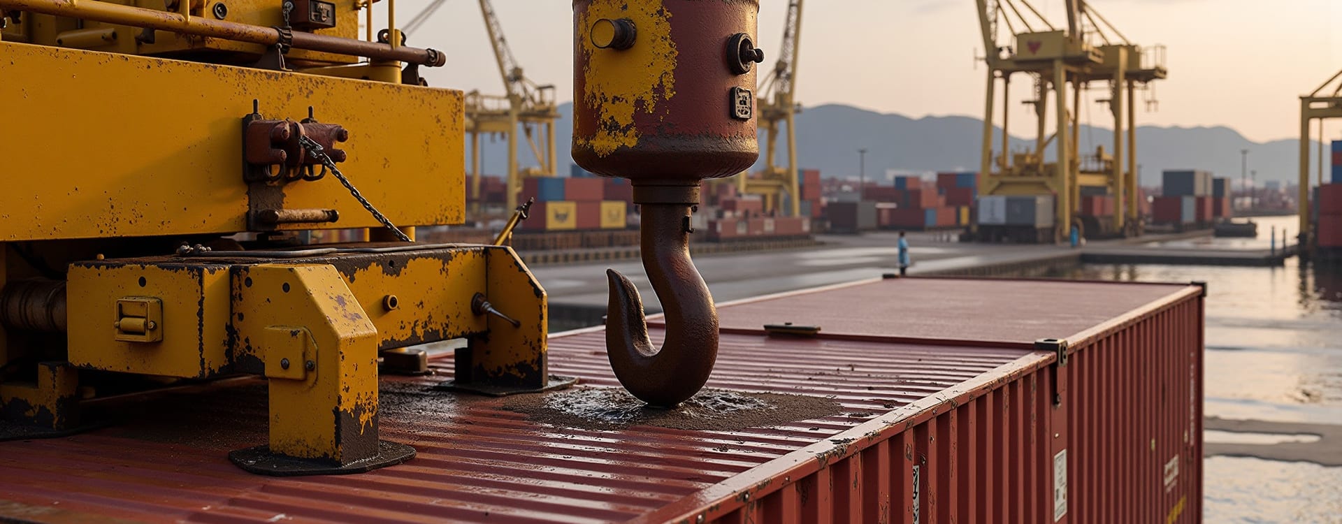 Spreader hook above a container at a port terminal