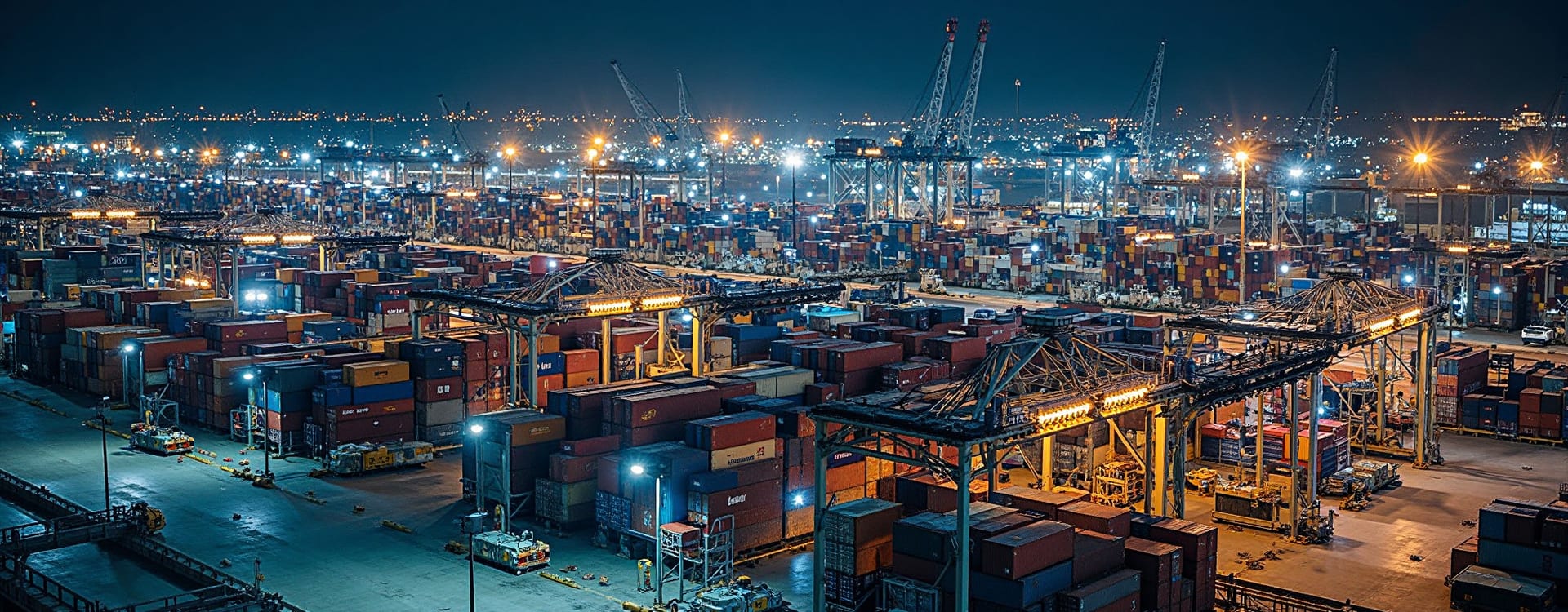 Aerial view of a container terminal at night
